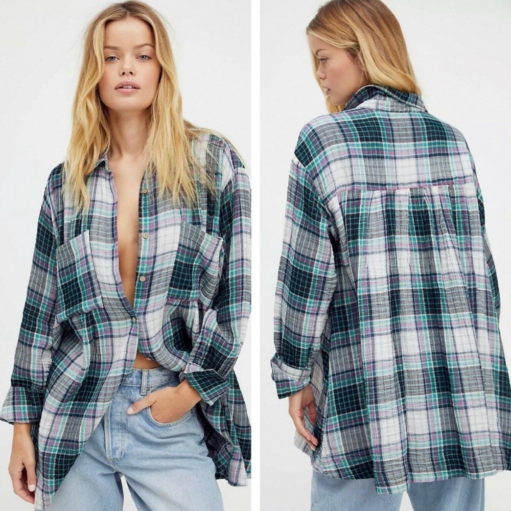 Free People Plaid Tunic Shirt in Green, Teal, White. Fits like a large, or XL